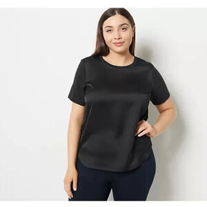 J Jason Wu Women's Top Short Sleeve Mixed Media Hi-Lo Hem Tee in Black Size XL